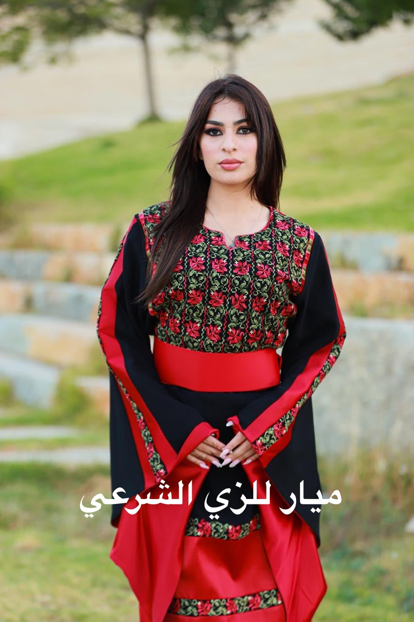 Red and black dress with flower tatreez details and red satin.