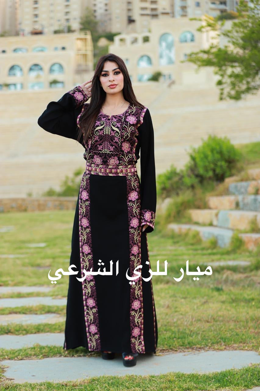 Black thobe with pink shades tatreez.