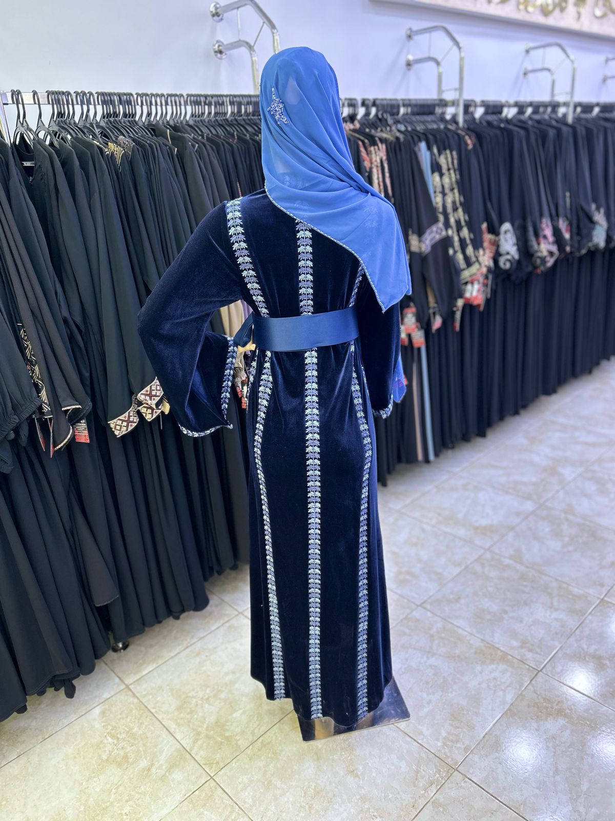 Blue velvet abaya.