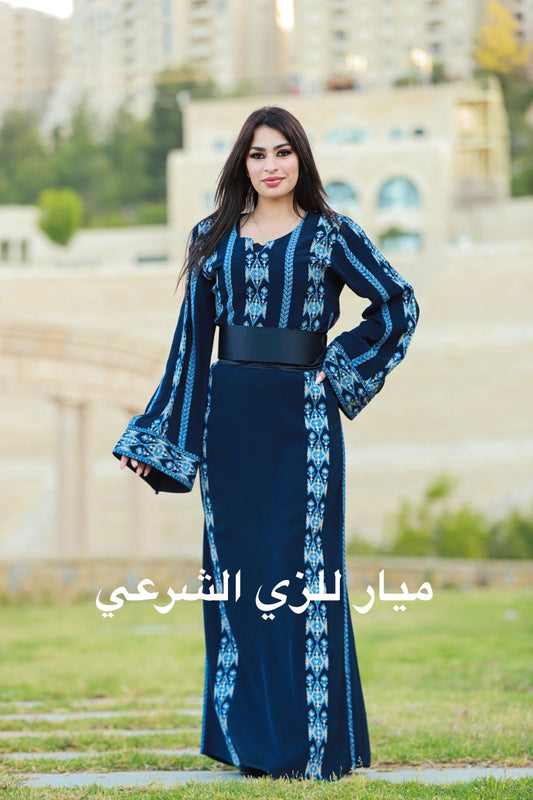 Navy blue dress with shades of blue tatreez.