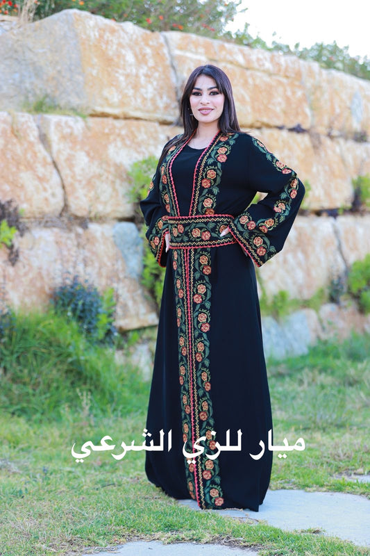 Black open abaya with belt and floral tatreez details.