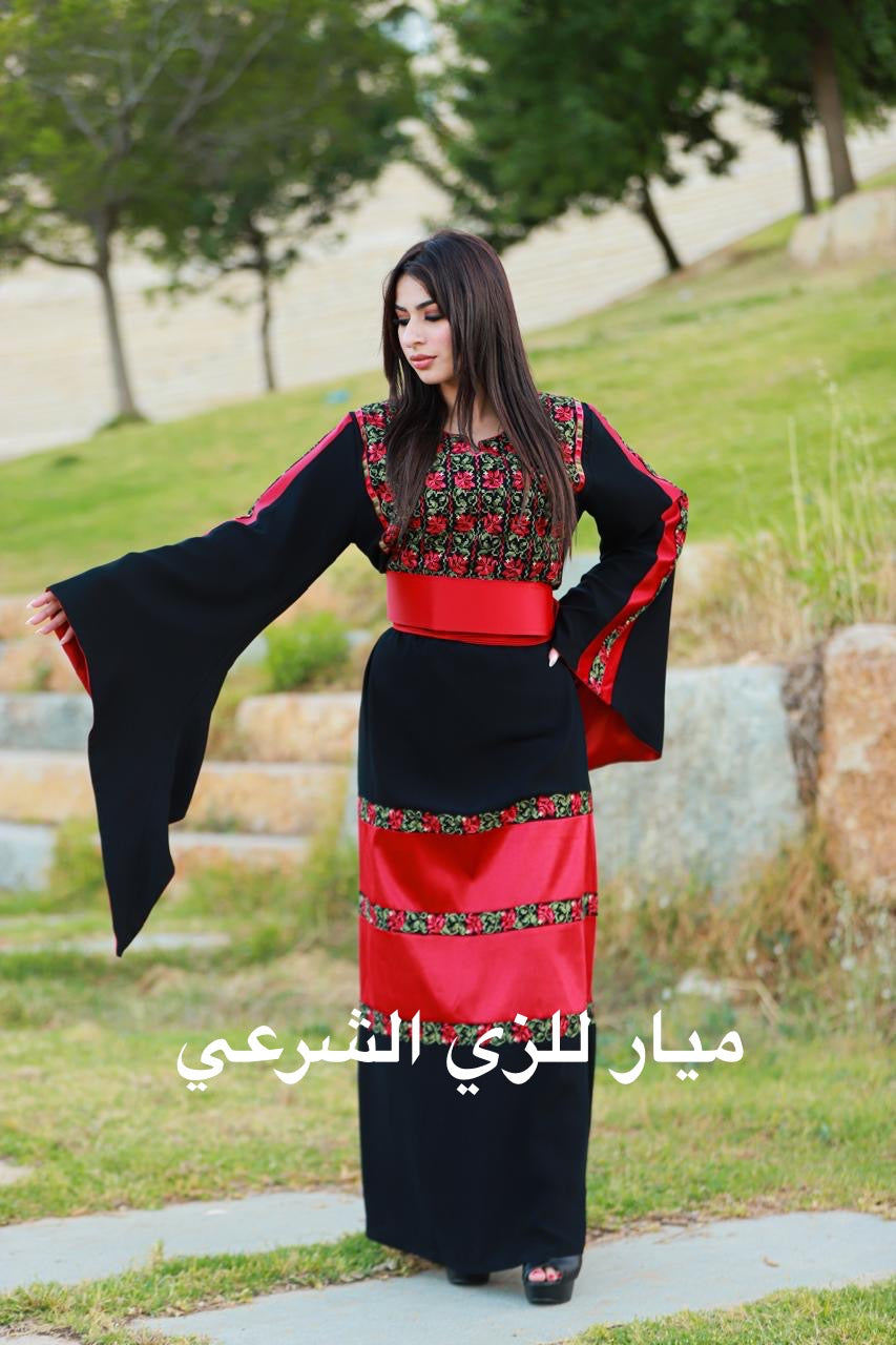 Red and black dress with flower tatreez details and red satin.