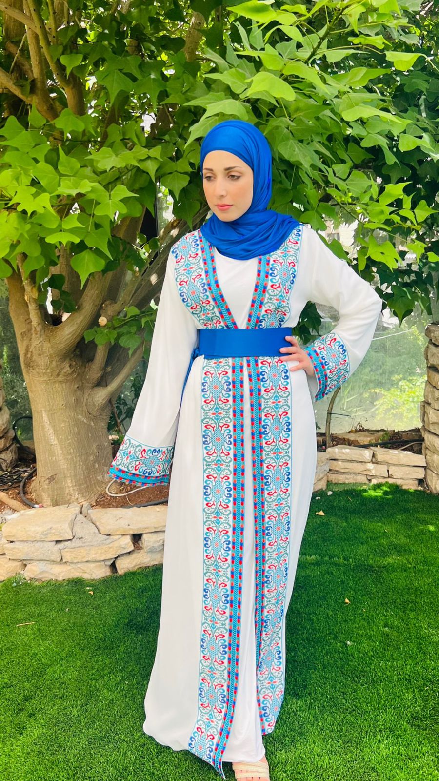 White and blue abaya.