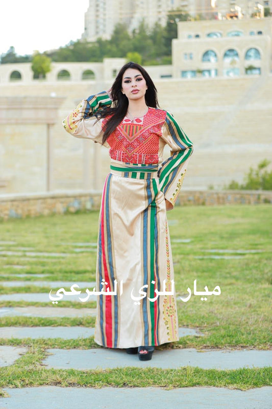 Satin dress with tatreez details.