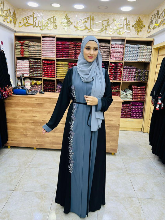 Two pieces black and blue abaya with side details.