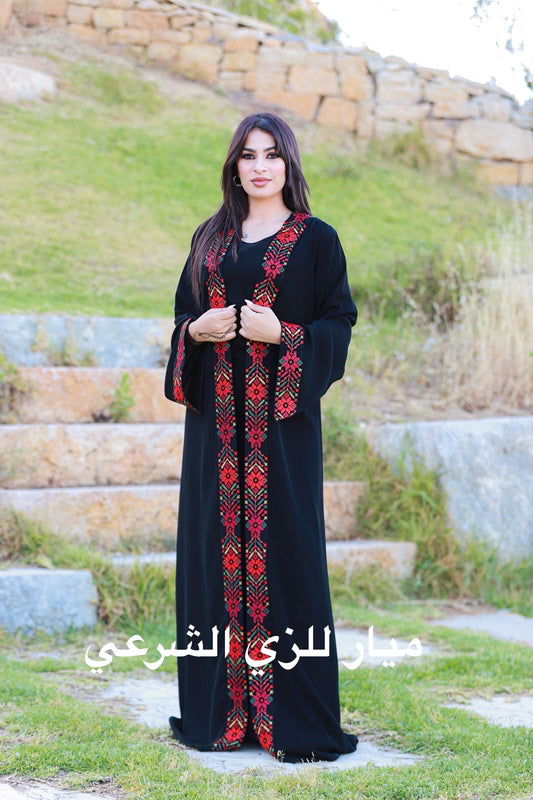 Black open abaya with tatreez details.