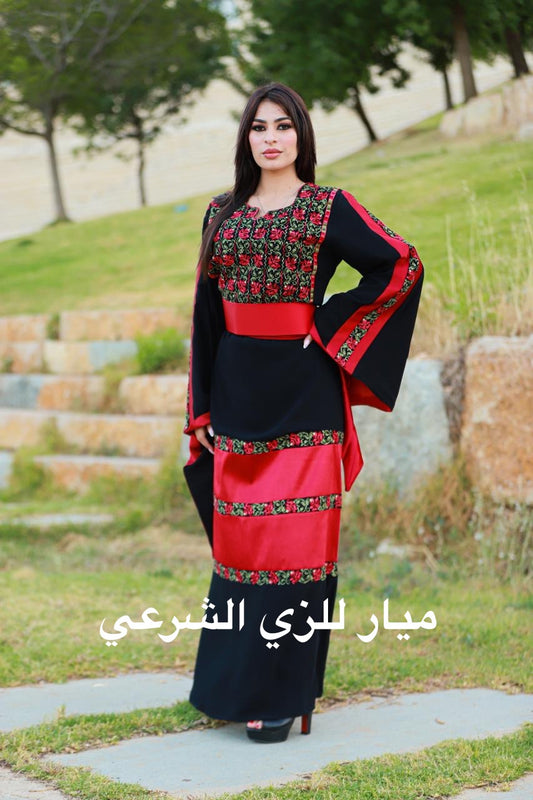 Red and black dress with flower tatreez details and red satin.